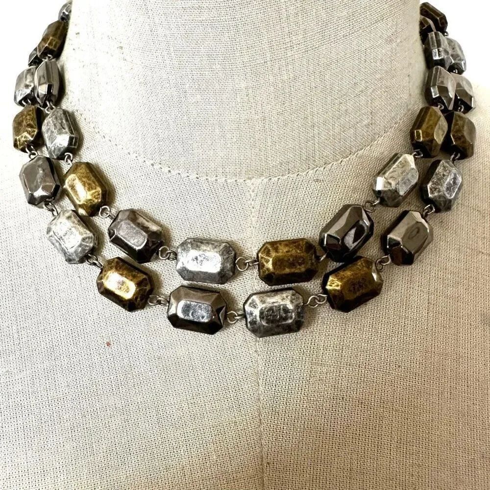 Cookie Lee silver and gold tone rectangular bead necklace